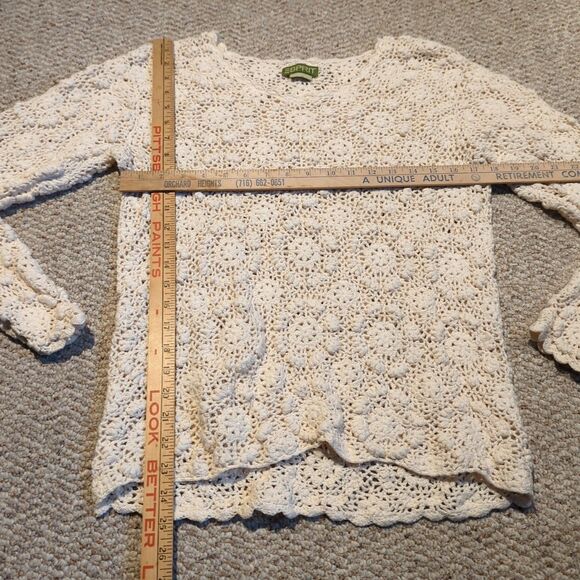 Vintage Esprit Crochet Sweater Medium Cream Open Knit Boho Chic Scalloped Hem - Picture 2 of 6